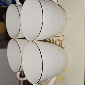 SWEESE 16 oz Oatmeal Coffee Mugs-Set of 4-Gold Trim-Speckled-EC